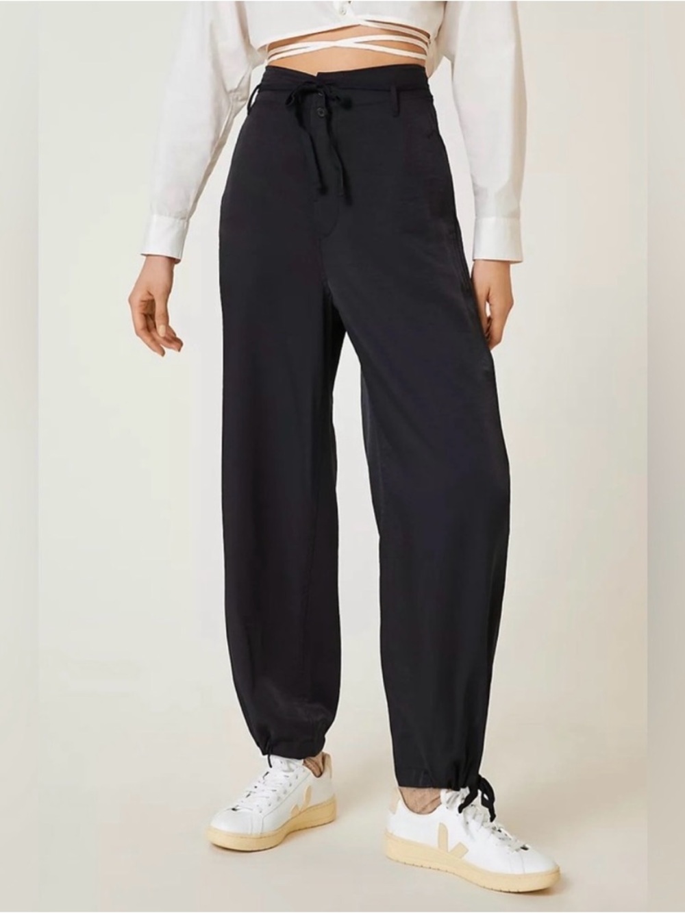 High-Waist Black Silk Drawstring Jogger Pants TinyxAnthropologie